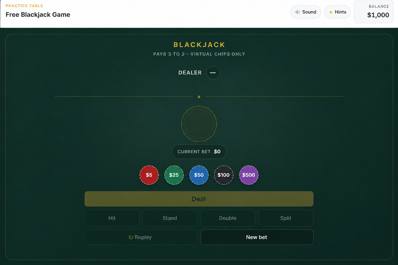 Play blackjack online for free with virtual chips